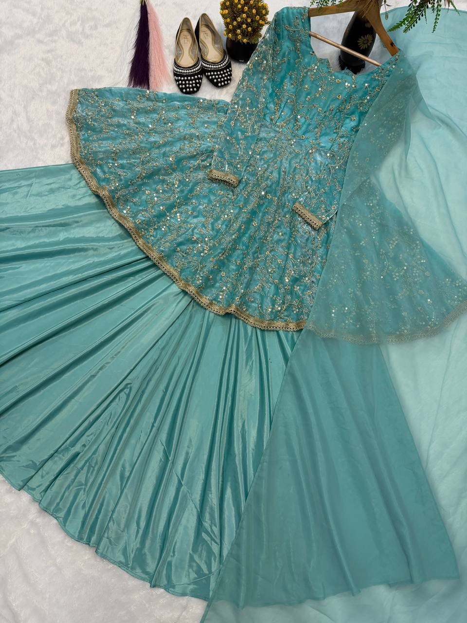 Designer Sky Blue Color Fendy Silk Kediyu Lehenga Suit