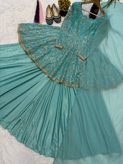 Designer Sky Blue Color Fendy Silk Kediyu Lehenga Suit