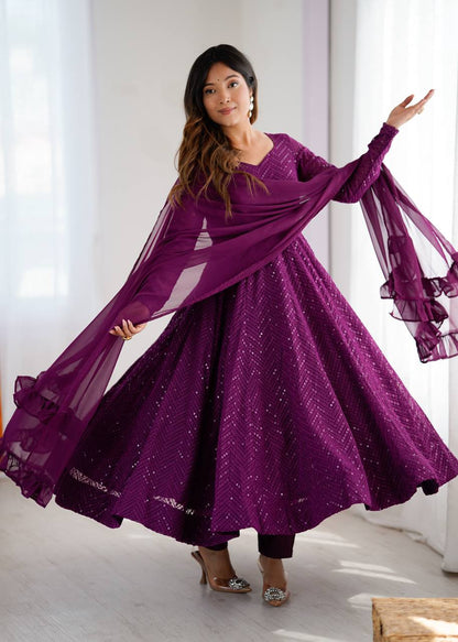 Designer Wine Color Sequins Work Anarkali Suit