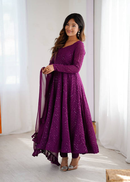 Designer Wine Color Sequins Work Anarkali Suit