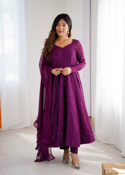 Designer Wine Color Sequins Work Anarkali Suit