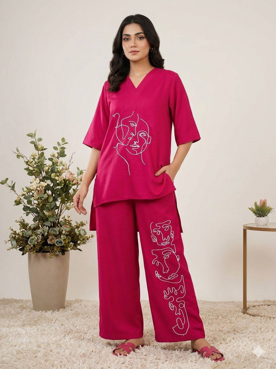 Elegant Embroidery Roman Silk Pink Color Co-ordset