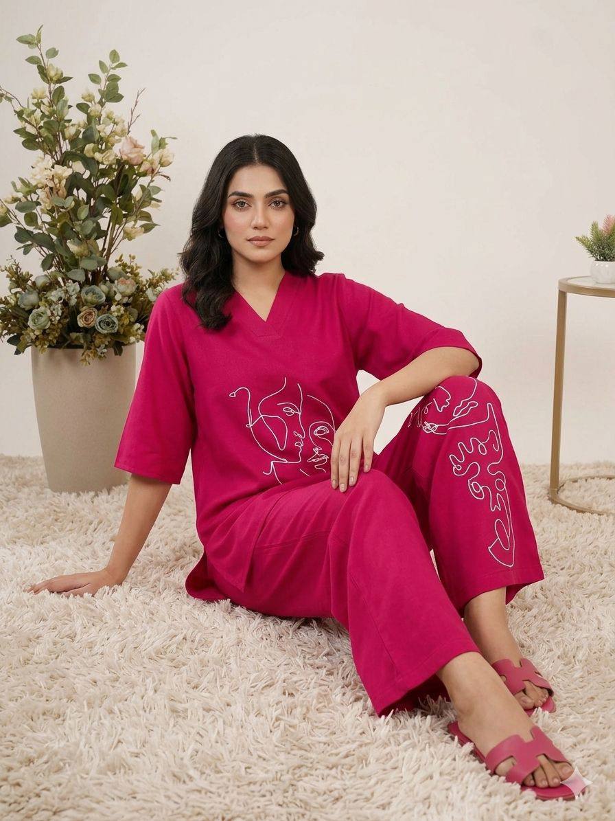 Elegant Embroidery Roman Silk Pink Color Co-ordset