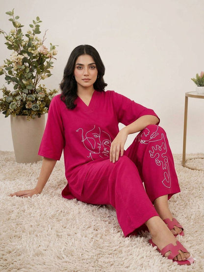 Elegant Embroidery Roman Silk Pink Color Co-ordset