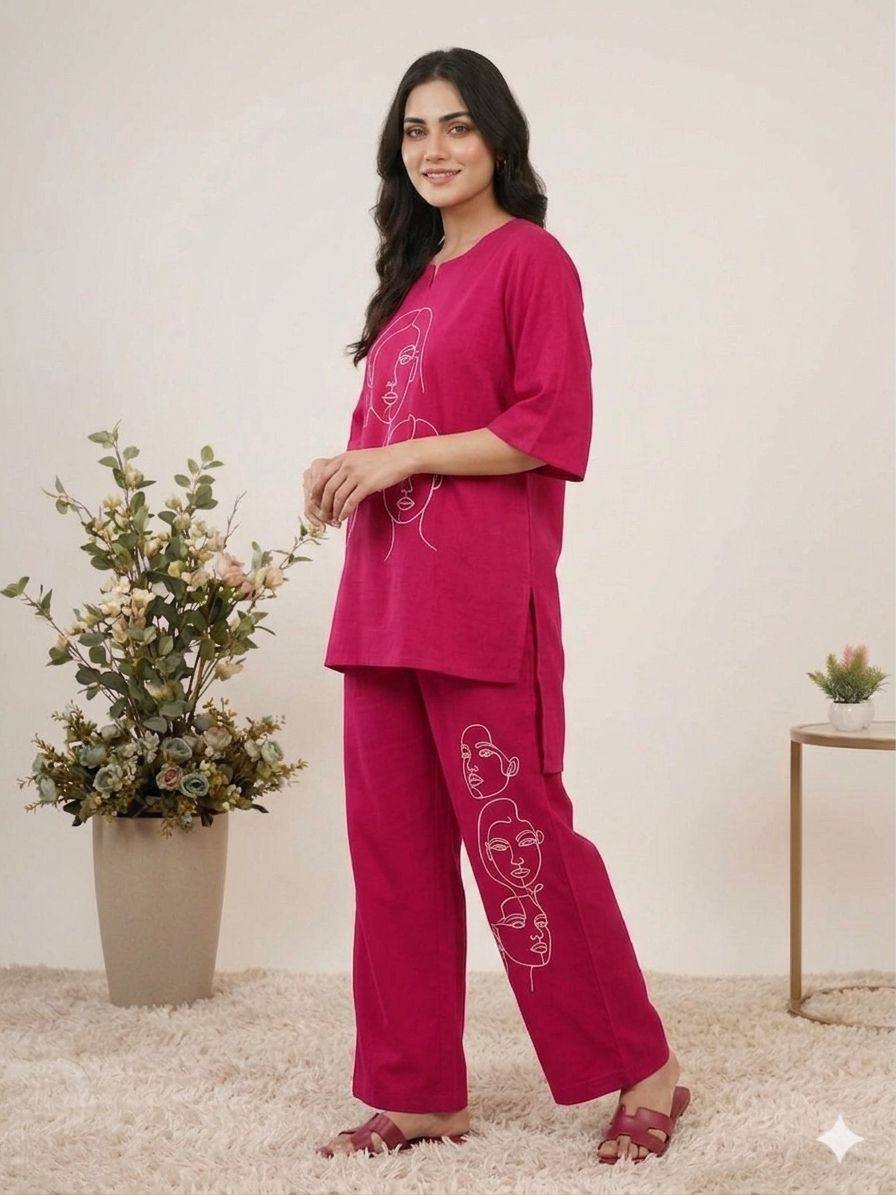 Elegant Embroidery Roman Silk Pink Color Co-ordset