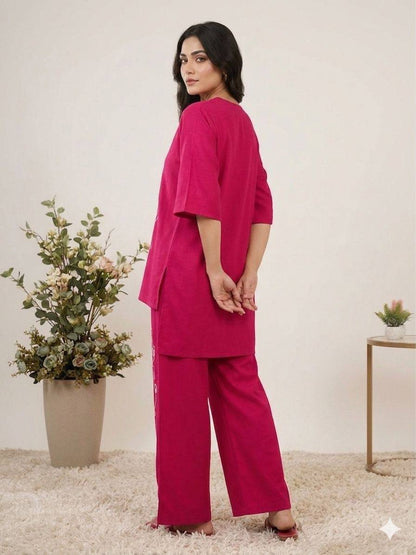 Elegant Embroidery Roman Silk Pink Color Co-ordset