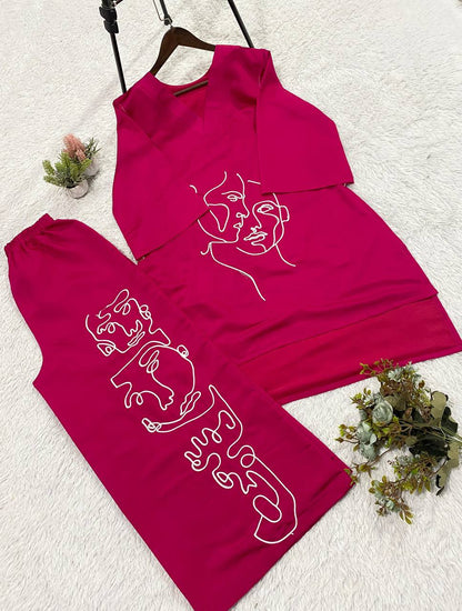 Elegant Embroidery Roman Silk Pink Color Co-ordset
