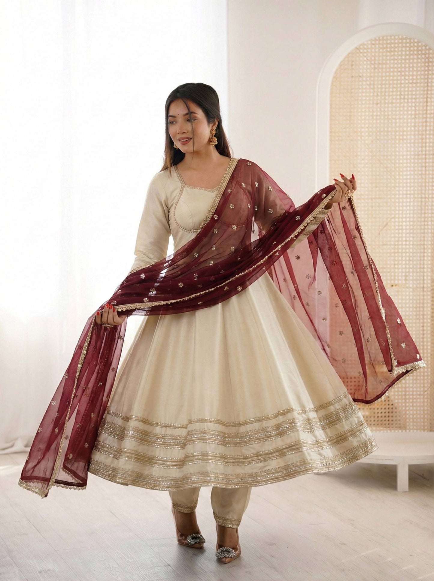 Elegant White Color Sequence Cosmos Gold Anarkali Suit With Dupatta