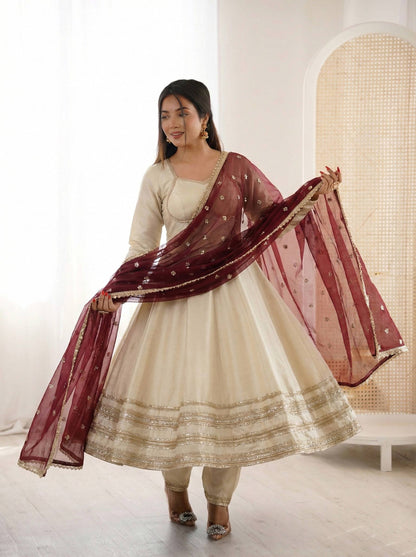 Elegant White Color Sequence Cosmos Gold Anarkali Suit With Dupatta