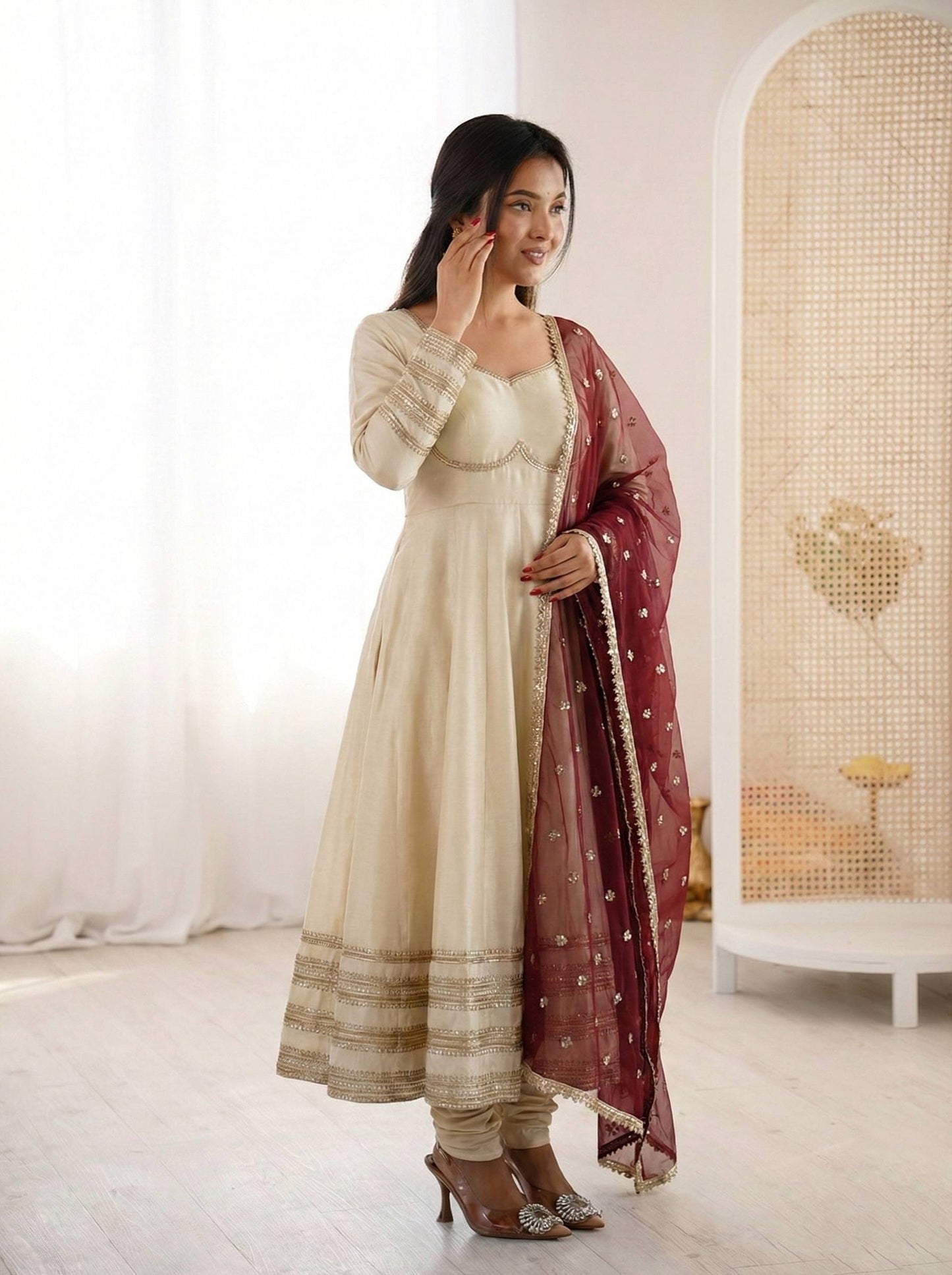 Elegant White Color Sequence Cosmos Gold Anarkali Suit With Dupatta