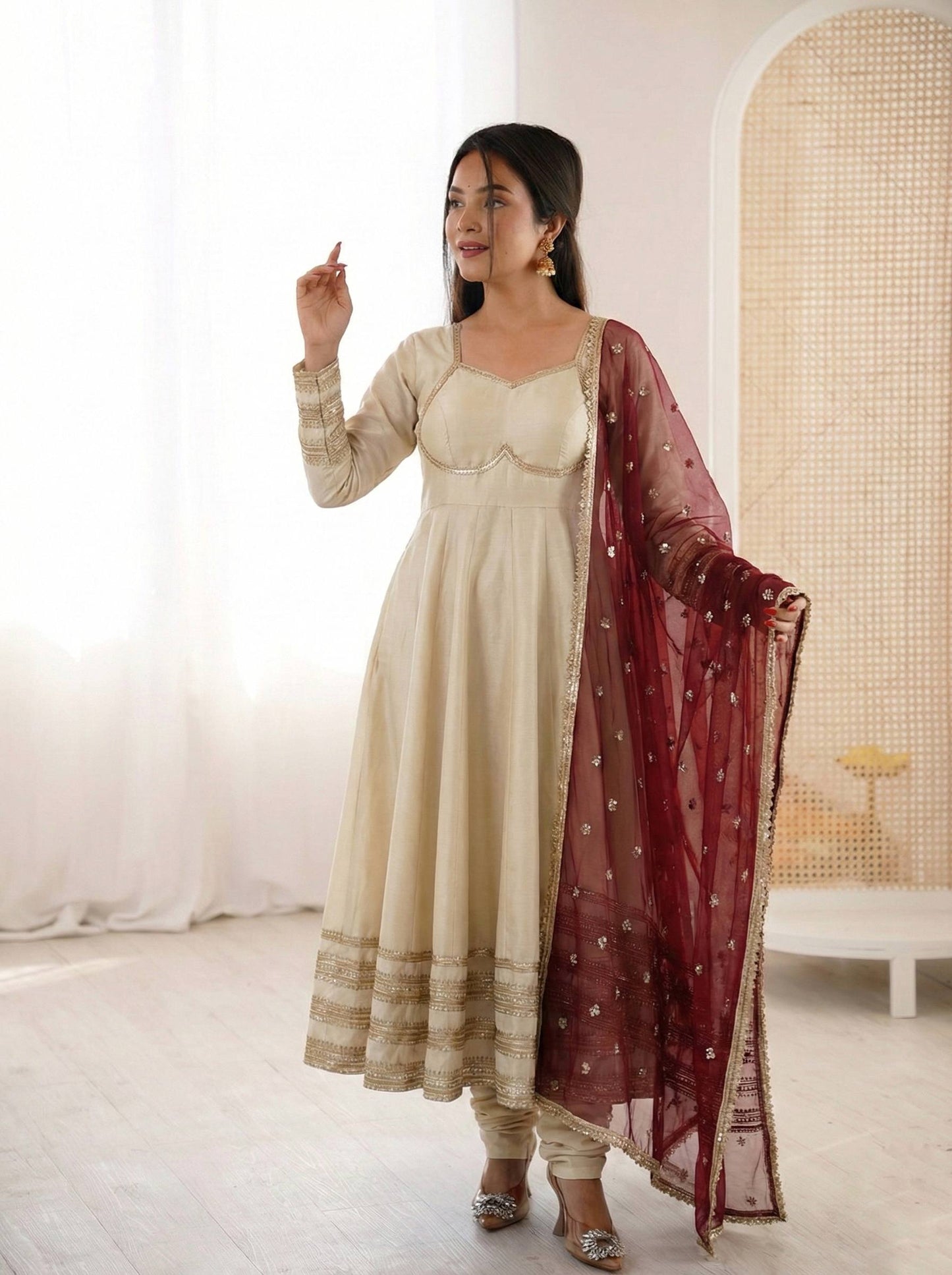 Elegant White Color Sequence Cosmos Gold Anarkali Suit With Dupatta