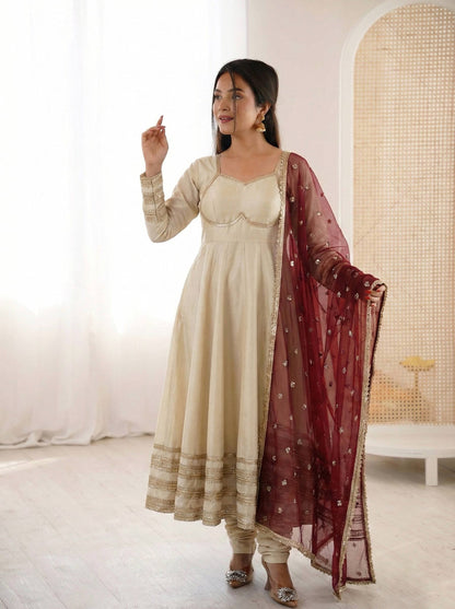 Elegant White Color Sequence Cosmos Gold Anarkali Suit With Dupatta