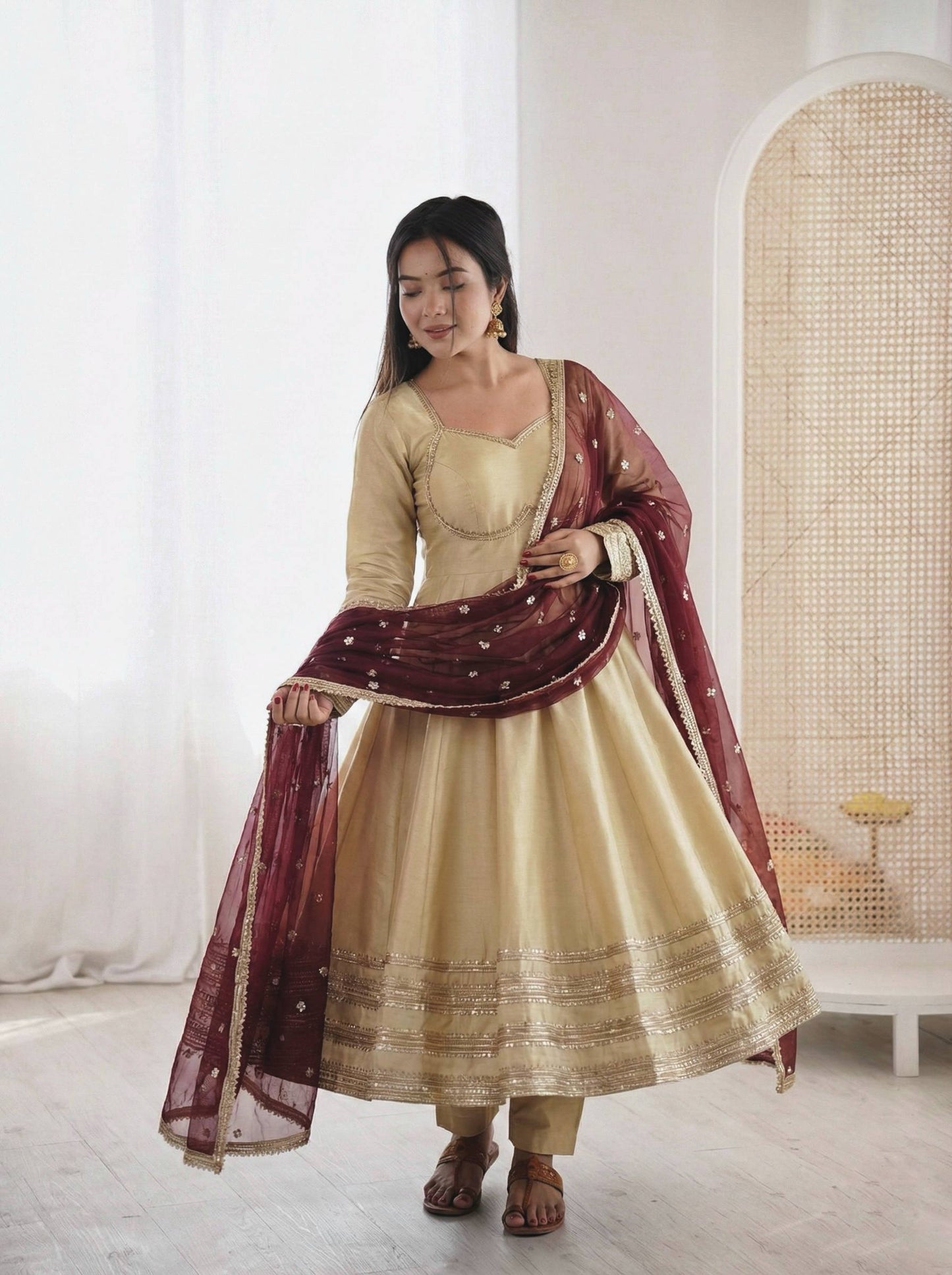 Elegant White Color Sequence Cosmos Gold Anarkali Suit With Dupatta