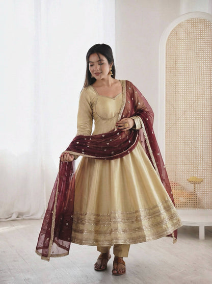 Elegant White Color Sequence Cosmos Gold Anarkali Suit With Dupatta
