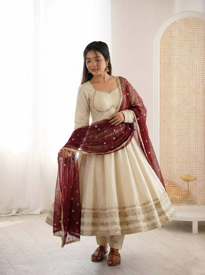 Elegant White Color Sequence Cosmos Gold Anarkali Suit With Dupatta