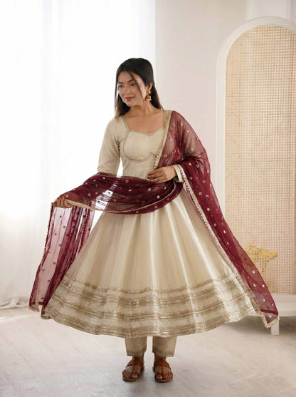 Elegant White Color Sequence Cosmos Gold Anarkali Suit With Dupatta
