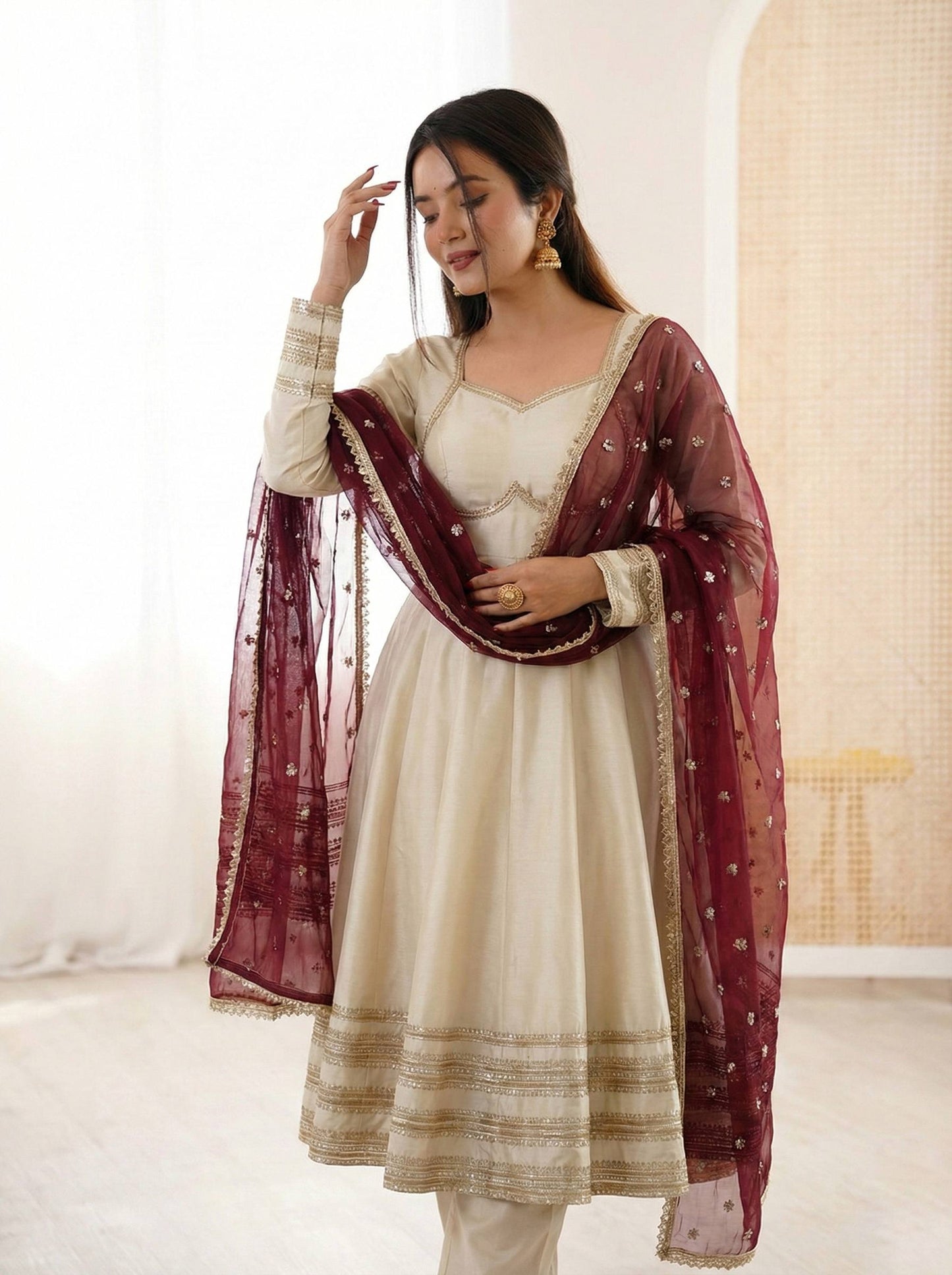 Elegant White Color Sequence Cosmos Gold Anarkali Suit With Dupatta