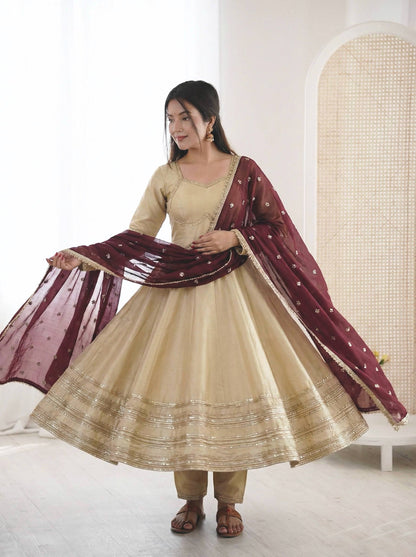 Elegant White Color Sequence Cosmos Gold Anarkali Suit With Dupatta