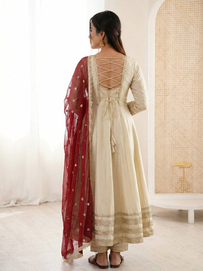 Elegant White Color Sequence Cosmos Gold Anarkali Suit With Dupatta