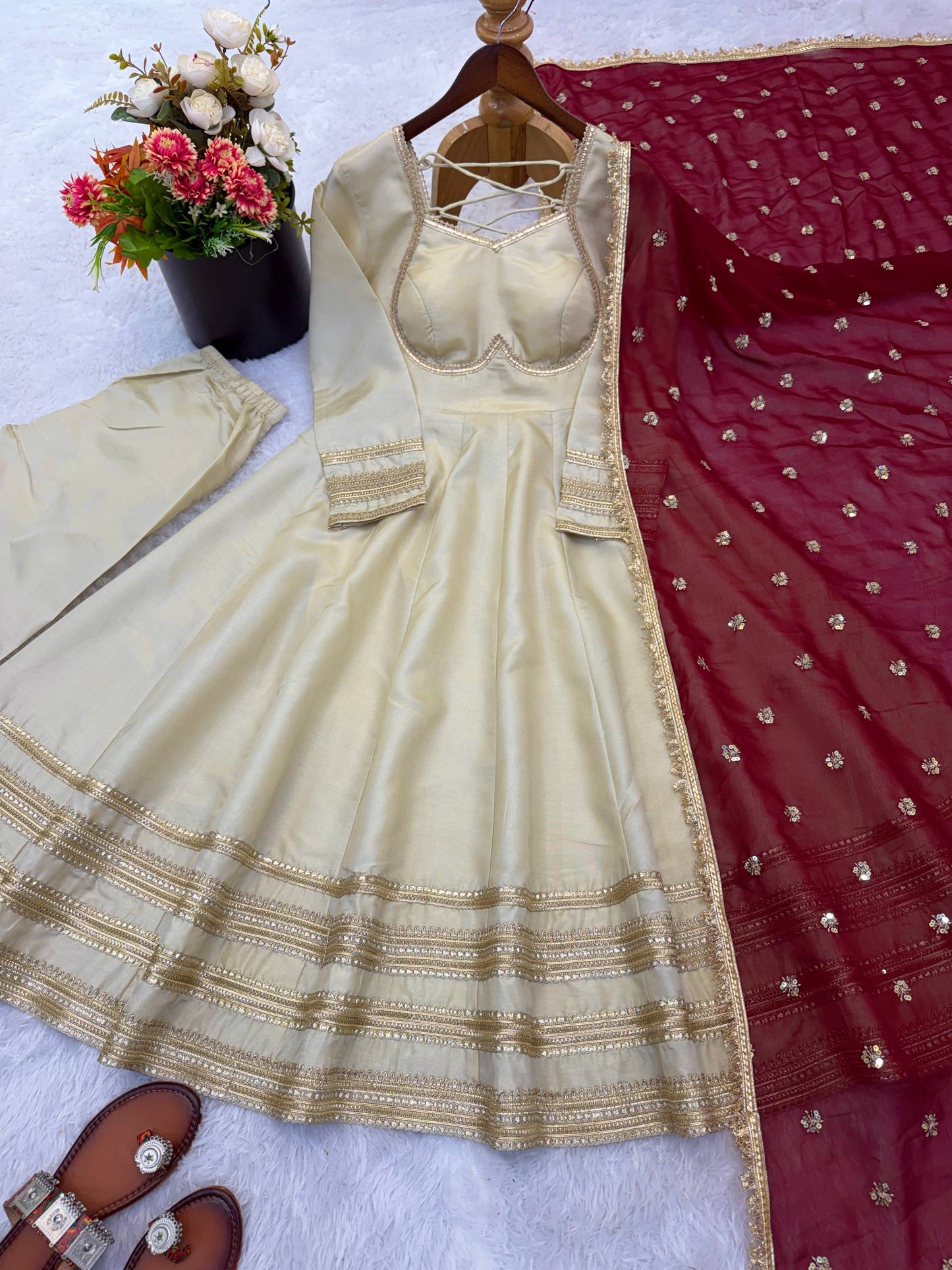 Elegant White Color Sequence Cosmos Gold Anarkali Suit With Dupatta