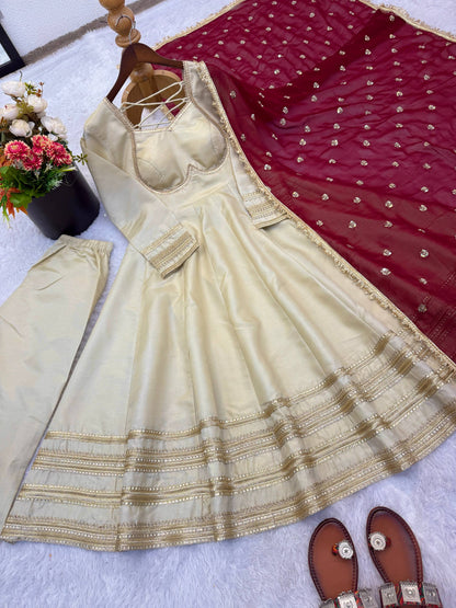 Elegant White Color Sequence Cosmos Gold Anarkali Suit With Dupatta
