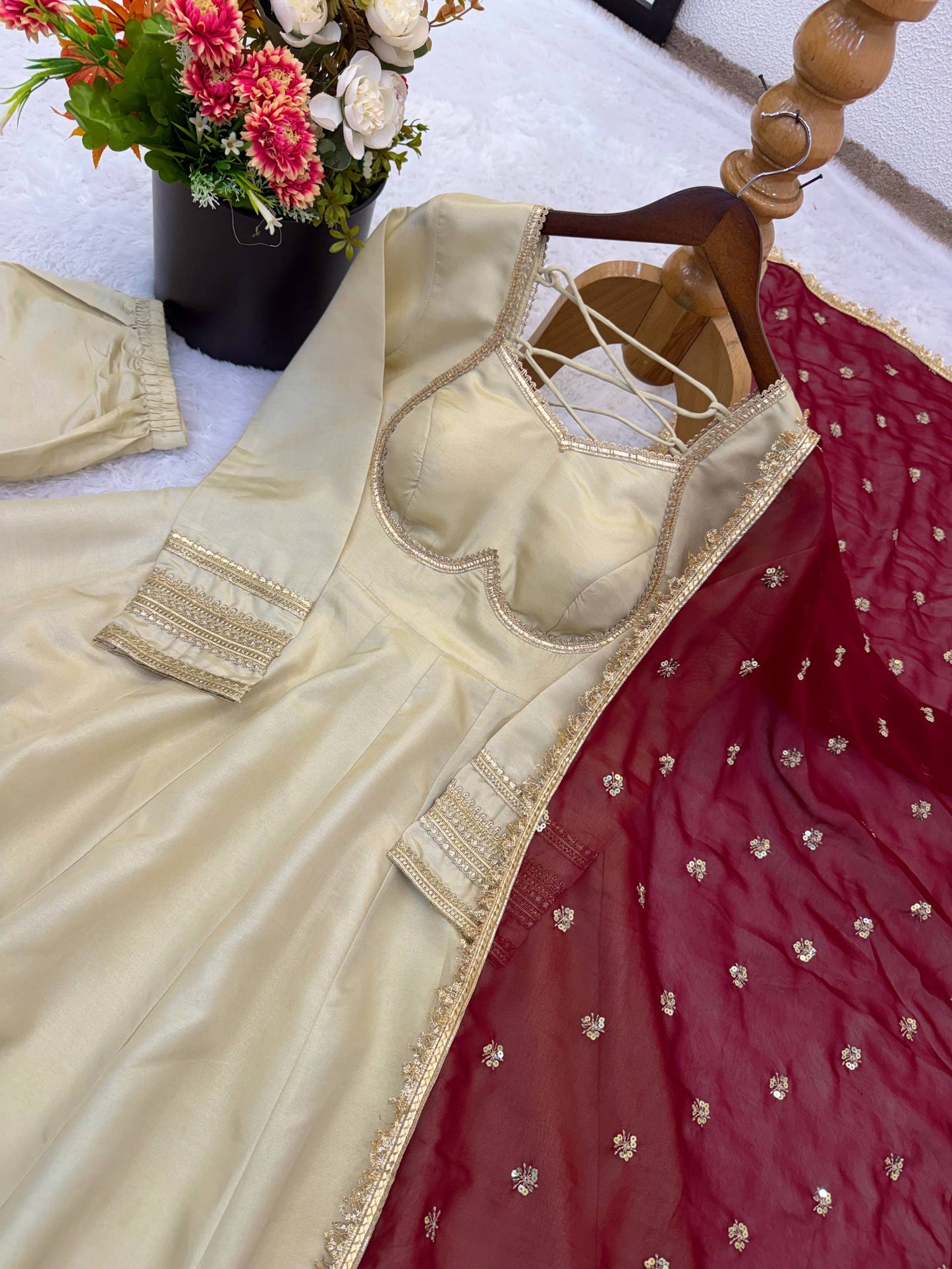 Elegant White Color Sequence Cosmos Gold Anarkali Suit With Dupatta