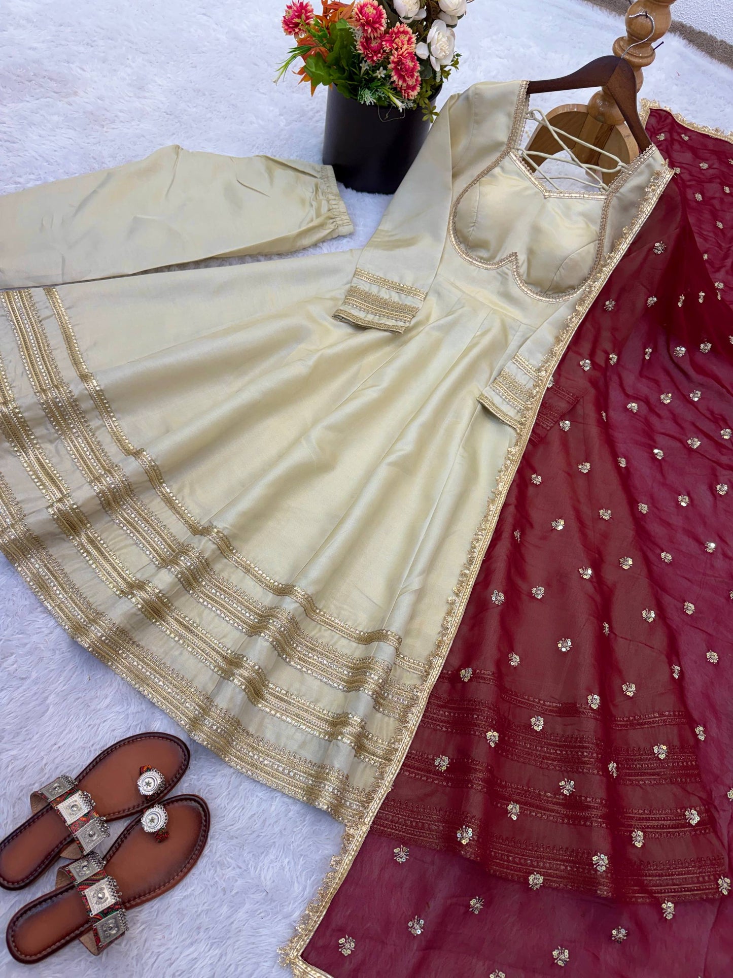 Elegant White Color Sequence Cosmos Gold Anarkali Suit With Dupatta