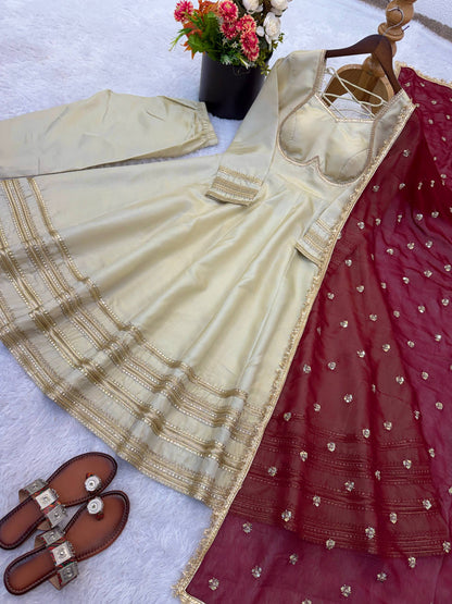 Elegant White Color Sequence Cosmos Gold Anarkali Suit With Dupatta