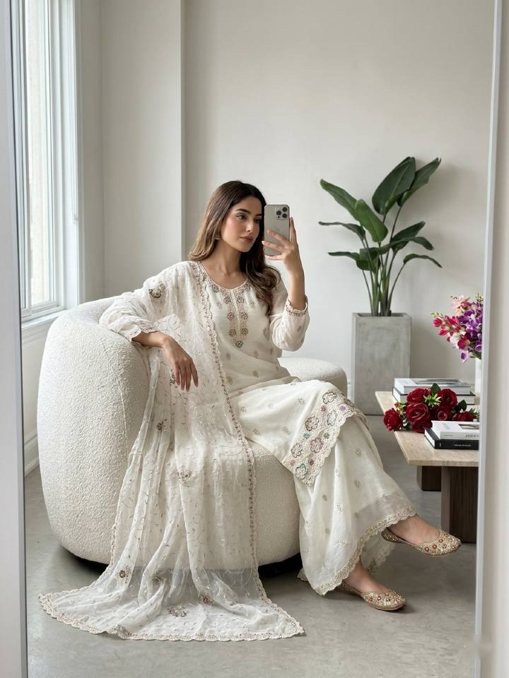 Wedding Wear White Color Crunchy Silk Sequin Embroidery Palazzo Suit