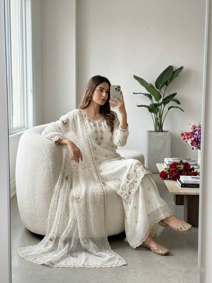 Wedding Wear White Color Crunchy Silk Sequin Embroidery Palazzo Suit