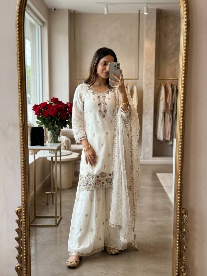 Wedding Wear White Color Crunchy Silk Sequin Embroidery Palazzo Suit