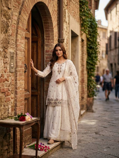 Wedding Wear White Color Crunchy Silk Sequin Embroidery Palazzo Suit