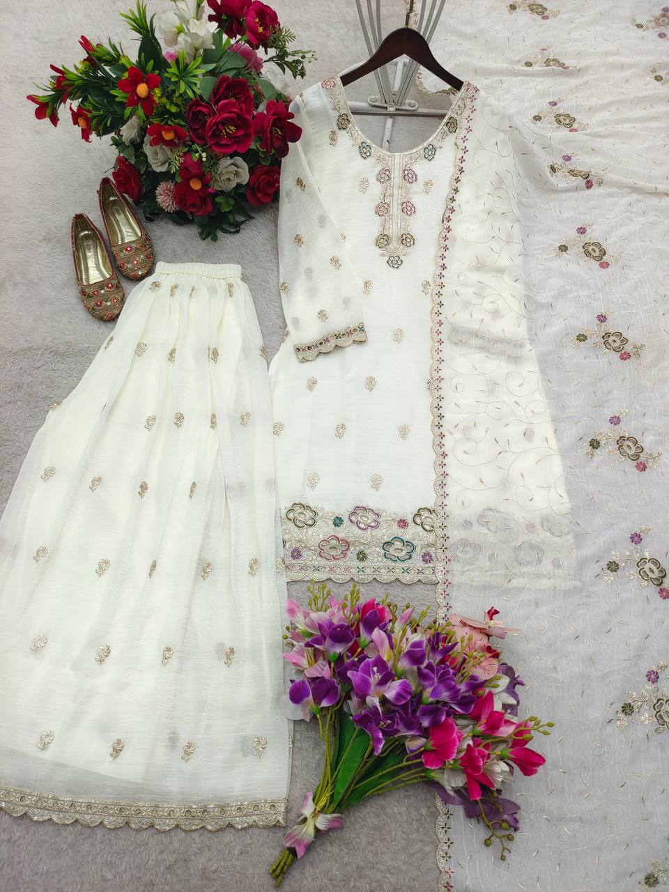 Wedding Wear White Color Crunchy Silk Sequin Embroidery Palazzo Suit