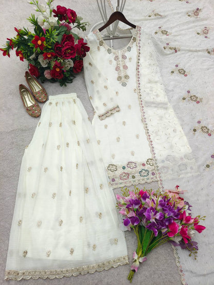 Wedding Wear White Color Crunchy Silk Sequin Embroidery Palazzo Suit