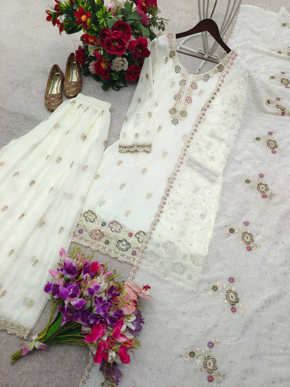 Wedding Wear White Color Crunchy Silk Sequin Embroidery Palazzo Suit