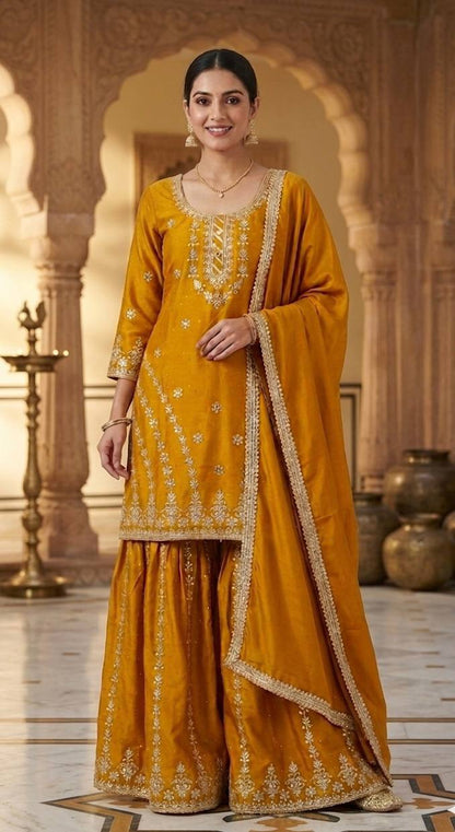 Haldi Wear Mustard Color Silk Diamond Embroidered Sharara Suit