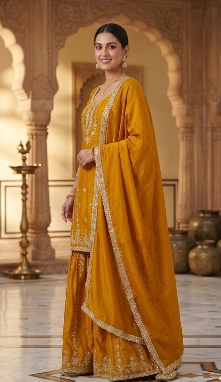 Haldi Wear Mustard Color Silk Diamond Embroidered Sharara Suit