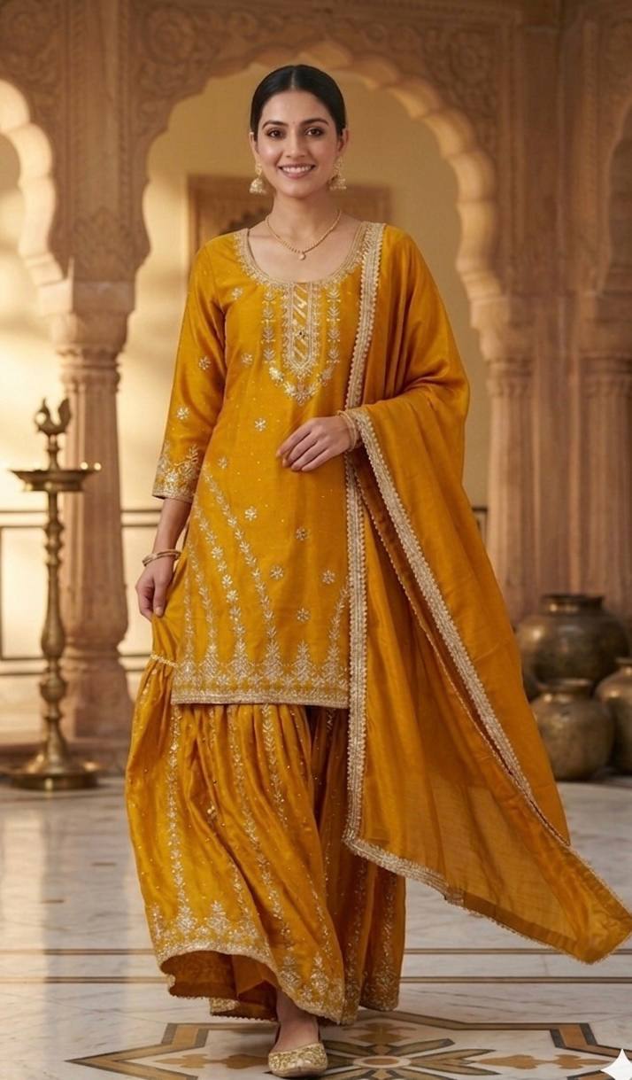 Haldi Wear Mustard Color Silk Diamond Embroidered Sharara Suit