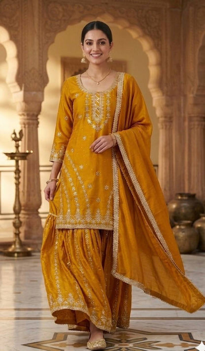 Haldi Wear Mustard Color Silk Diamond Embroidered Sharara Suit