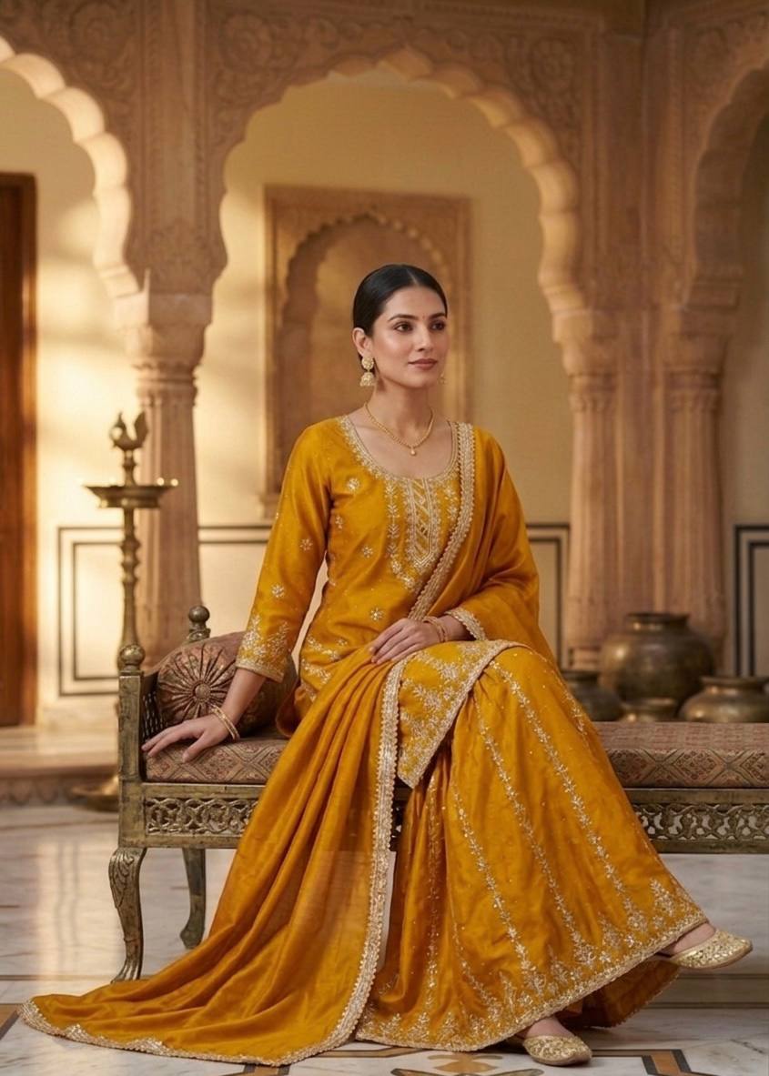 Haldi Wear Mustard Color Silk Diamond Embroidered Sharara Suit