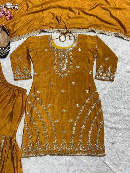 Haldi Wear Mustard Color Silk Diamond Embroidered Sharara Suit