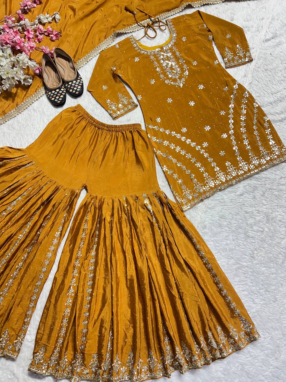 Haldi Wear Mustard Color Silk Diamond Embroidered Sharara Suit