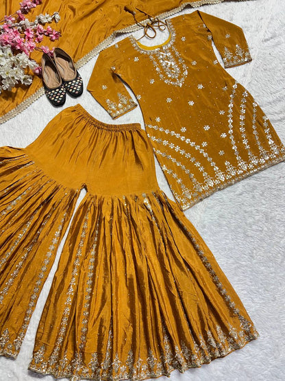 Haldi Wear Mustard Color Silk Diamond Embroidered Sharara Suit