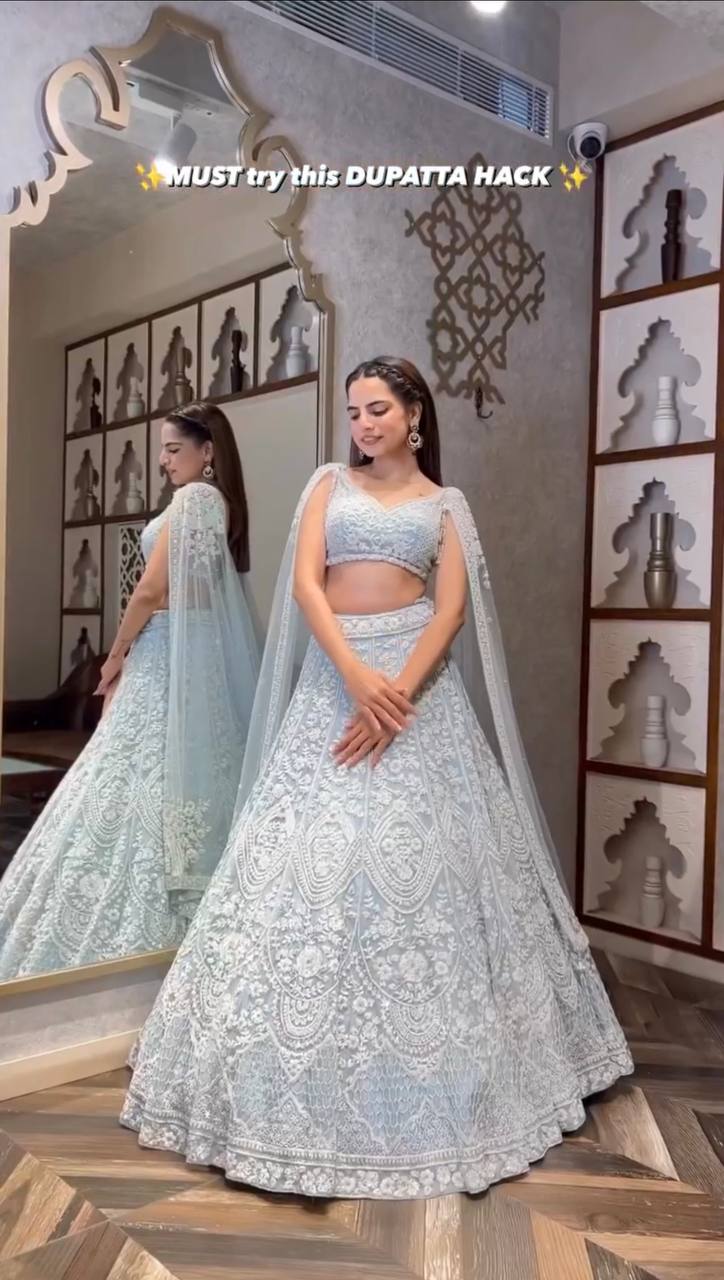 Designer Grey Color Embroidered Wedding Wear Lehenga Choli