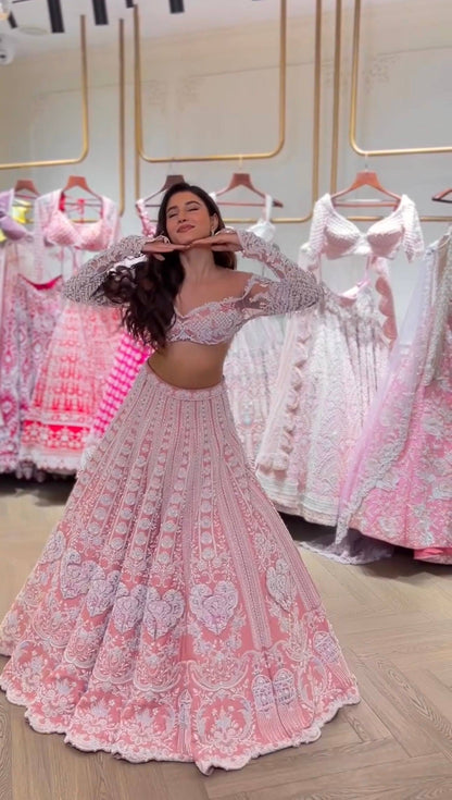 Designer Slub Silk Rainbow Sequins Bride Wear Pink Color Lehenga Choli