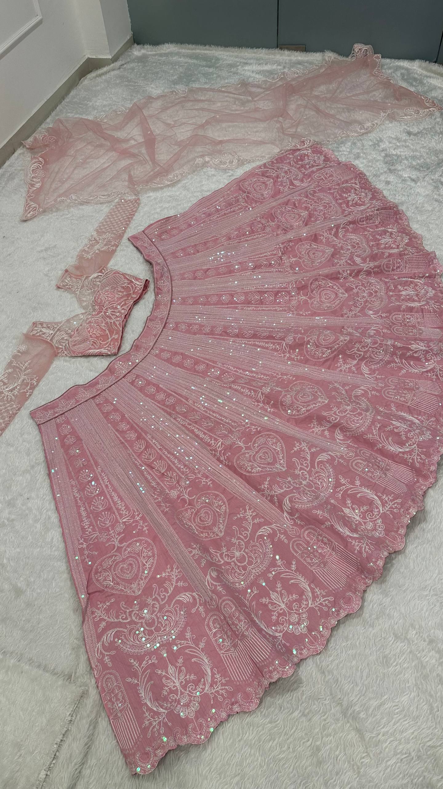 Designer Slub Silk Rainbow Sequins Bride Wear Pink Color Lehenga Choli