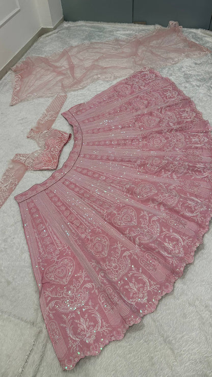 Designer Slub Silk Rainbow Sequins Bride Wear Pink Color Lehenga Choli