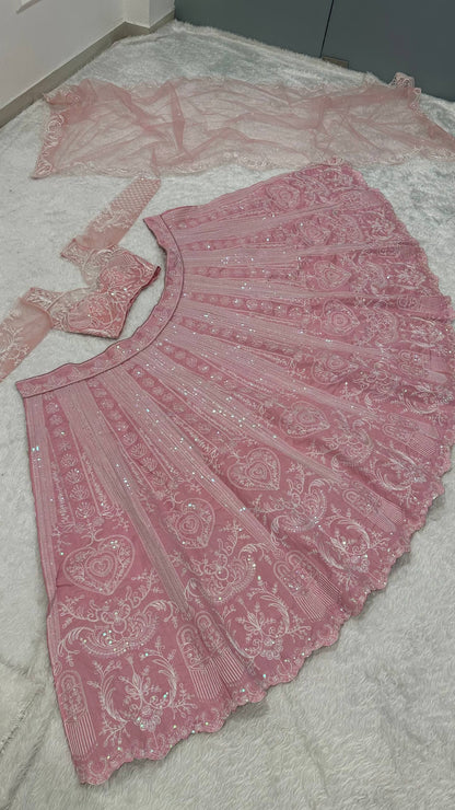 Designer Slub Silk Rainbow Sequins Bride Wear Pink Color Lehenga Choli