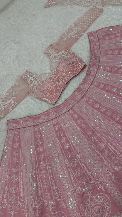 Designer Slub Silk Rainbow Sequins Bride Wear Pink Color Lehenga Choli