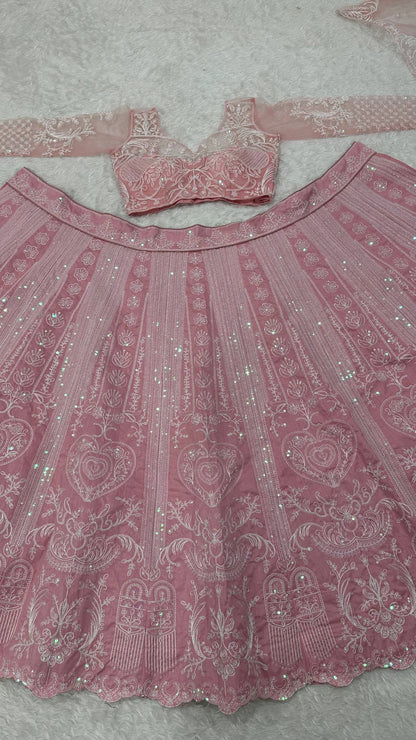 Designer Slub Silk Rainbow Sequins Bride Wear Pink Color Lehenga Choli